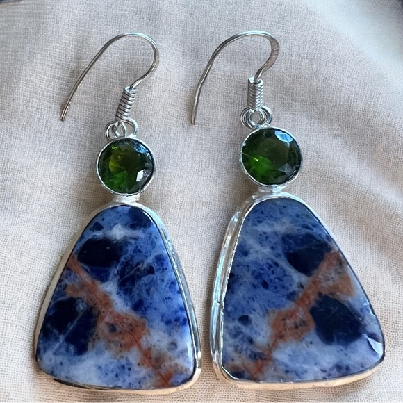 New Sodalite Stone Silver Overlay Hook Earrings - Picture 1 of 9
